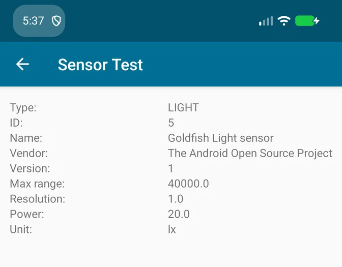 Sensor Test light sensor info screen on the emulator: Profile on: same name, vendor, range, and resolution
