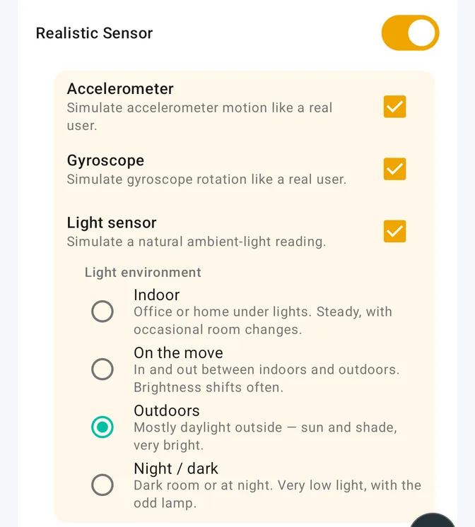 Edit Profile screen: Realistic Sensor on with Accelerometer, Gyroscope and Light sensor ticked, and the Light environment picker showing Indoor, On the move, Outdoors and Night / dark