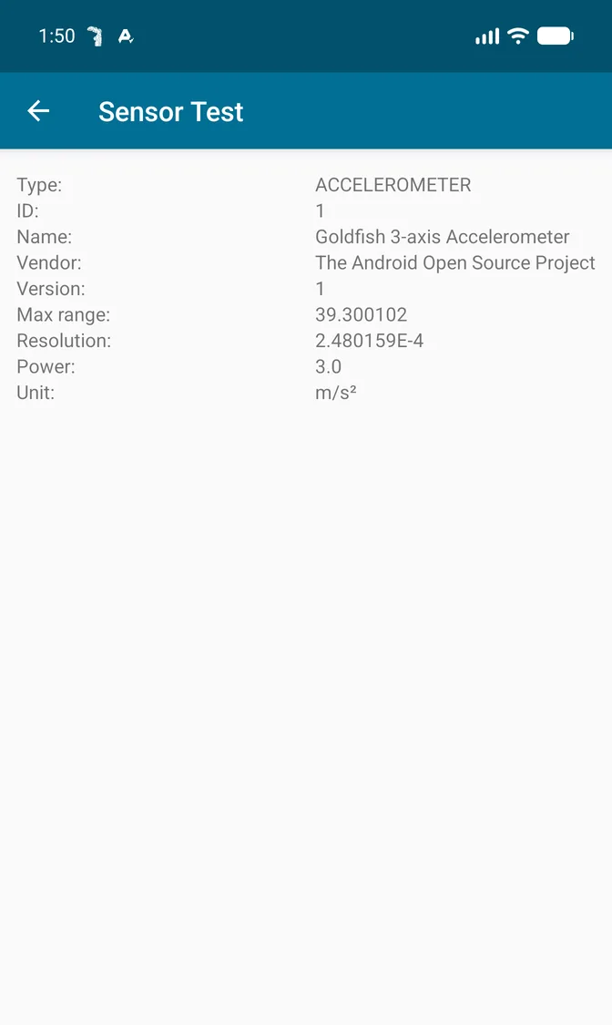 Sensor Test accelerometer info screen on the emulator: Profile on: same name, vendor, range, and resolution