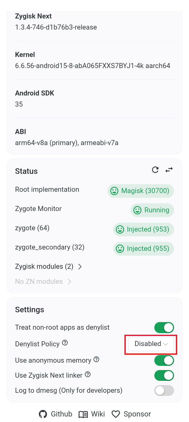 Шаг 5 — Главный экран, запрос Superuser и настройка Denylist в Zygisk Next 3